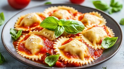 A plate of fresh basil and ricotta-stuffed ravioli, topped with a light tomato sauce and garnished with basil leaves