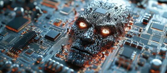 3D illustration of a computer chip featuring a menacing face against a white backdrop