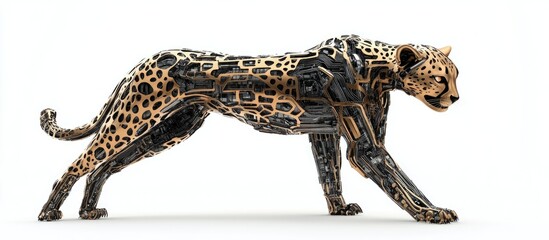 Wall Mural - 3d illustration of a cyber cheetah in an upright position against a white background
