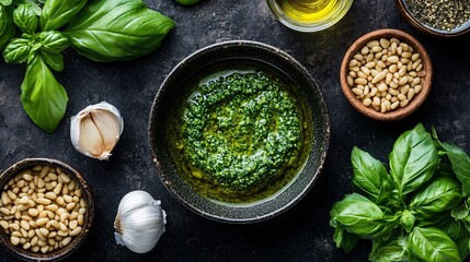 Wall Mural - A top-down view of a basil pesto sauce being made, with fresh basil, garlic, pine nuts, and olive oil on a dark background