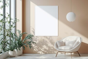 Poster Frame in Beige minimalist living room interior created with generative AI