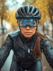 Wall Mural - beautiful young woman riding a bicycle with a hud screen on a park path, with digital signs and holo
