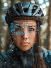 Wall Mural - beautiful young woman with a hud screen on a park path, with digital signs and holographic symbols o