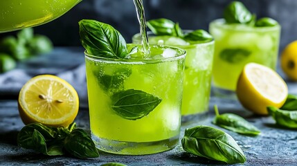 Wall Mural - A vibrant green basil lemonade being poured into a glass, with basil leaves and lemon slices as garnish