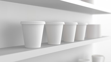 Mock-Up of Empty White 3D Paper Coffee Cup on Minimalist Café Shelf