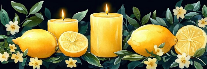 Lemon Arrangement with Candles and Flowers on Black Background