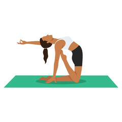 Wall Mural - Young woman doing Half Camel Pose Variation Raised Toe or Ardha Ustrasana Variation Raised Toe yoga exercise. Flat vector illustration isolated on white background