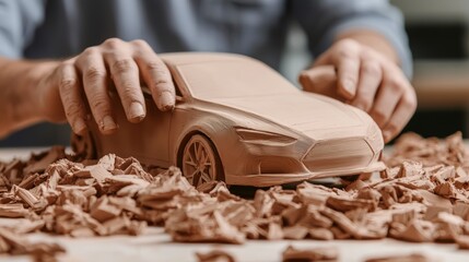 Wall Mural - Detailed shot of clay shavings as a designer perfects the surface of a car model, capturing the hands-on process in automotive development