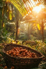 Wall Mural - Tropical Harvest: Basket of Ripened Fruit in Lush Jungle Setting