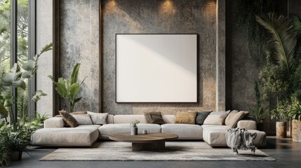 Wall Mural - A 3D render of a modern living room with a blank canvas on the wall for artwork mockup