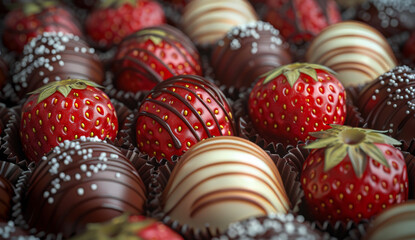 Wall Mural - A close up of a chocolate covered strawberry with a white center. The strawberries are arranged in a pattern and are surrounded by chocolate