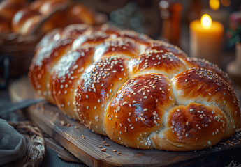 A long, brown bread with sesame seeds on top. The bread is sitting on a wooden cutting board