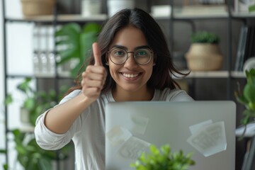 Wall Mural - Smiling Indian woman in glasses recommends online education.