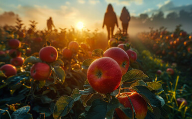 Wall Mural - A field of red apples with a sun in the background