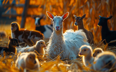 Wall Mural - A group of goats are laying in a field with a white goat in the middle