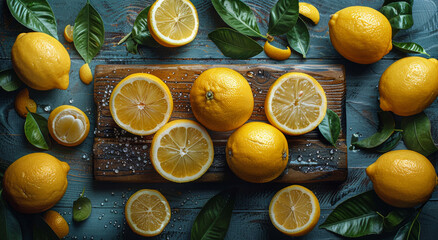 A wooden cutting board with a pile of lemons and oranges on it. Concept of freshness and abundance, as the fruits are ripe and ready to be eaten