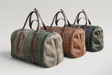 A 3D render of three men's duffle bags in brown and green leather and canvas.