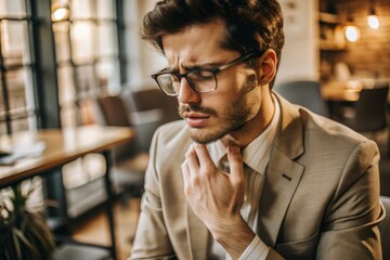 Close-up photo of a young businessman in glasses who is in the office, sits and holds his hand to his throat, feels severe pain