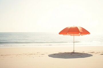 Wall Mural - orange umbrella on sunny beach with ocean horizon