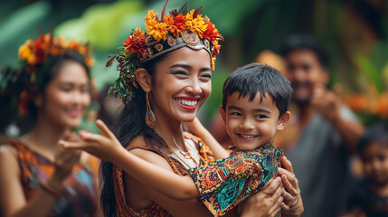 A joyful woman in traditional attire holds a smiling child during a festive cultural celebration, surrounded by others in vibrant, natural surroundings.