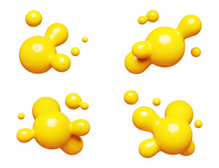 Wall Mural - Yellow abstract liquid metaball shape. 3d render illustration set of fluid soft bubble blob. Organic bright decorative sphere geometric form. Morphing ball aqua drop or molecule. Flow particles.