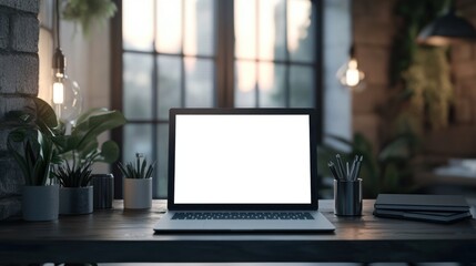 A modern office desk with a blank laptop screen ready for a website mockup