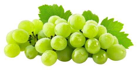 Wall Mural - Fresh green grapes with leaves isolated on transparent background