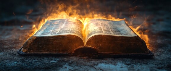 An open book engulfed in flames, with a dark and smoky background.