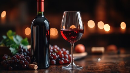 Wall Mural - A bottle of red wine with a glass of wine, grapes, and a cork on a wooden table with a blurred background of candlelight.