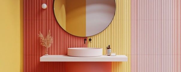 Modern and vibrant bathroom with round mirror and colorful tiles