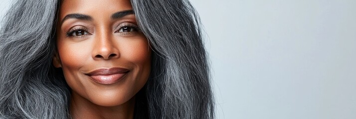 Wall Mural - A beautiful black woman smiles confidently, showcasing her long gray hair and flawless skin in a closeup setting that highlights her natural beauty