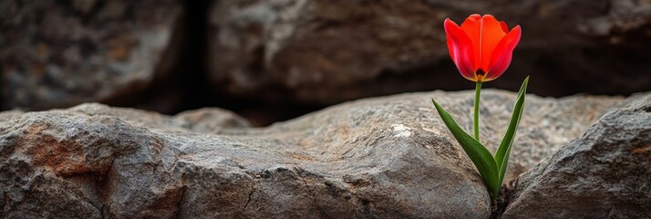 a striking red tulip boldly sprouts from a crevice between two large, weathered stones, showcasing n