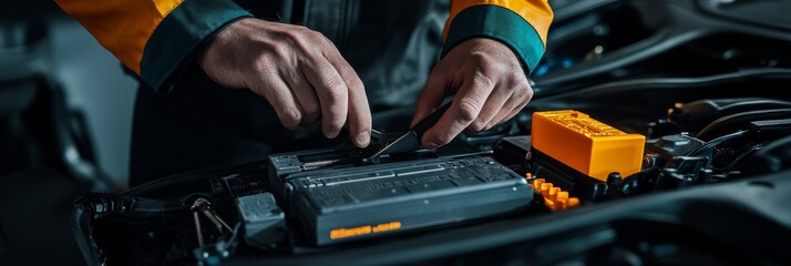 Wall Mural - A skilled mechanic focuses intently as they carefully service a car's electric battery in a workshop, ensuring all components are properly maintained for optimal performance