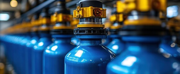 Close-up of blue tanks with yellow and black valve caps in a factory setting.