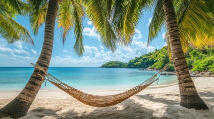 Beach with a hammock under palm trees