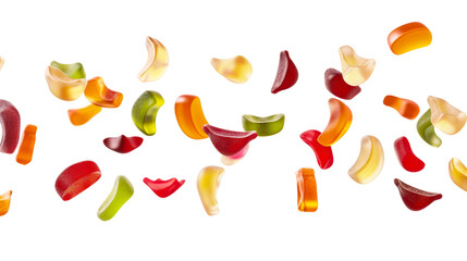 colorful gummy candies floating isolated on transparent background