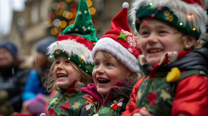 Wall Mural - Festive Family Parade with Children in Christmas Costumes and Santa Hats in Snowy Winter Wonderland