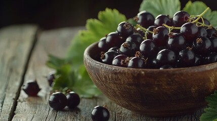 Poster -   Wooden bowl brimming with black currants and green leaves on wooden table