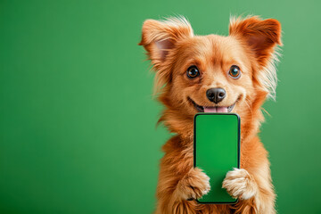 Dog portrait holding chroma key phone in paws, phone with green screen