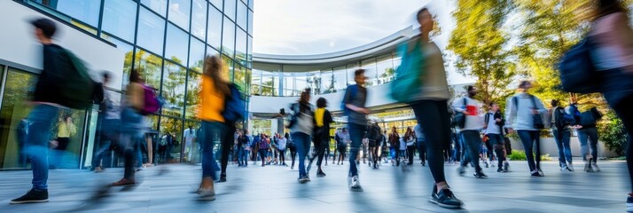 A dynamic group of diverse students moves energetically through a contemporary college courtyard, captured from a low angle with a sense of motion and life