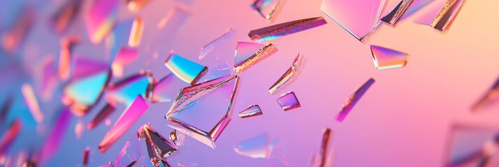 Wall Mural - A medium closeup features scattered glass shards on a holographic backdrop, reflecting vibrant colors and creating an ethereal atmosphere