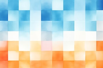 Wall Mural - Seamless pattern of dark, light blue and orange colored watercolour squares. Handdrawn water colour graphic gradient paint on white backdrop. For design, wallpaper, web sites, banners, decoration. 