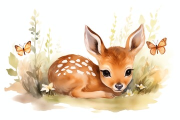 Wall Mural - Sleeping woodland baby deer with butterfly, watercolor cute forest animal clipart 