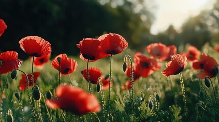   A field full of red flowers with the sun shining behind the trees on the horizon