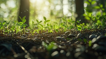 Poster -   In the heart of the forest, a cluster of plants emerges from the earth, basking in the warm rays of sunlight filtering through the canopy above