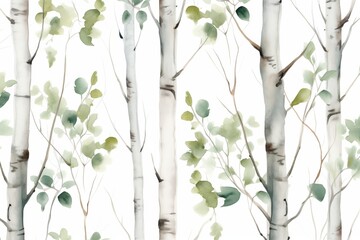 Watercolor seamless pattern of birch trees with branches. Nature template with forest graphic of stems on white background. 