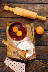 Canvas Print - Baking background. Ingredients, kitchen utensils for baking cakes and cookies.