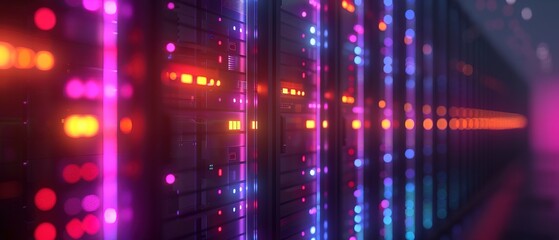 Row of network servers with glowing LED lights, neon vivid color