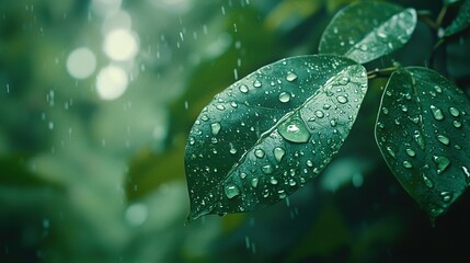 Sticker -   A focused image of a green leaf with water droplets and a hazy background featuring leaves and water droplets