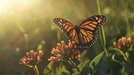 Sticker -   Close-up image of a butterfly perched on a flower, with sunlight filtering through the surrounding foliage and the background featuring blooming flowers